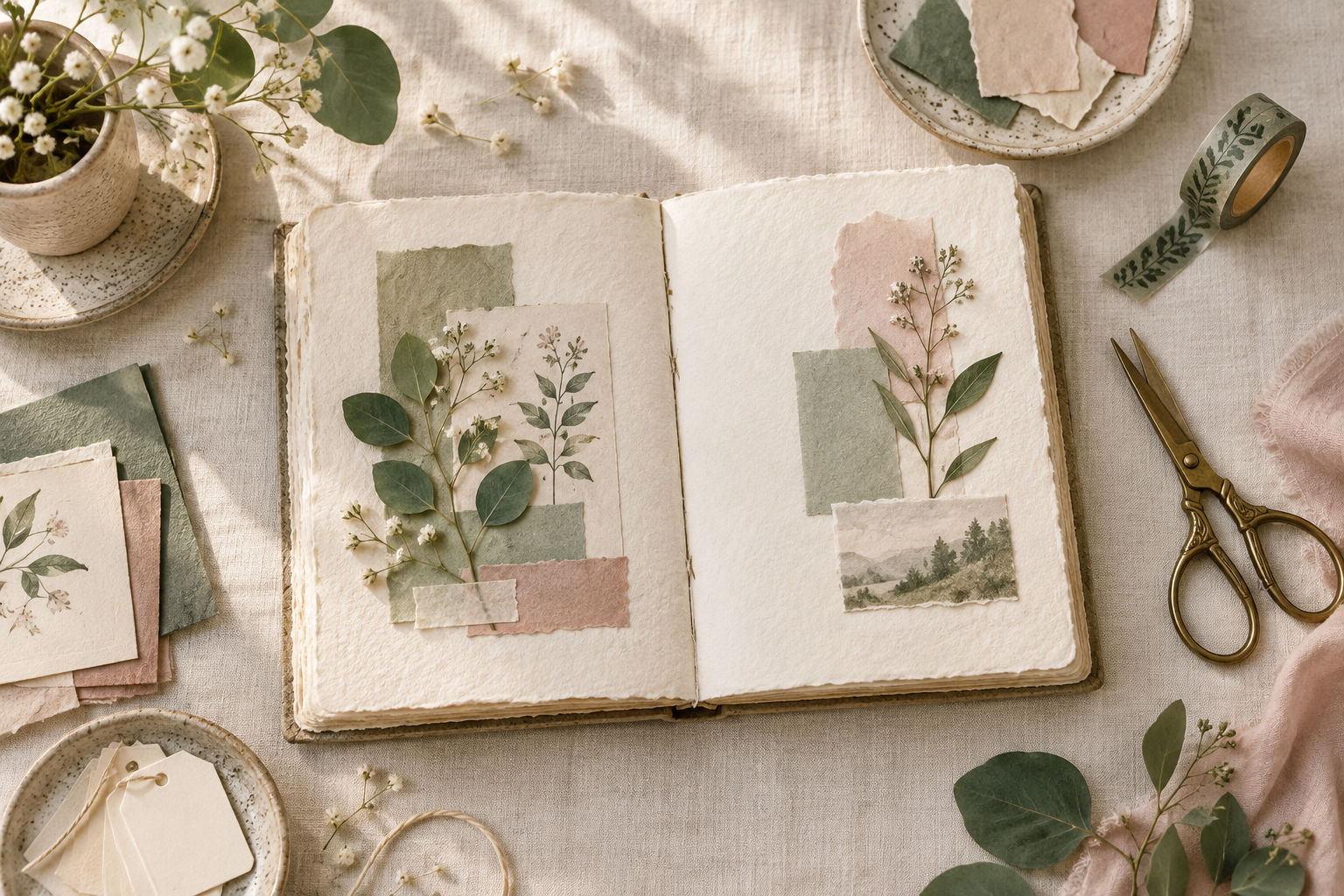 Open journal with botanical paper collage, sage and blush scraps, and brass scissors on cream linen.